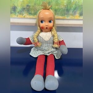 Carnival Plastic Face Cloth Fabric Doll Blonde Hair Braids Blue Eyes Vintage 60s
